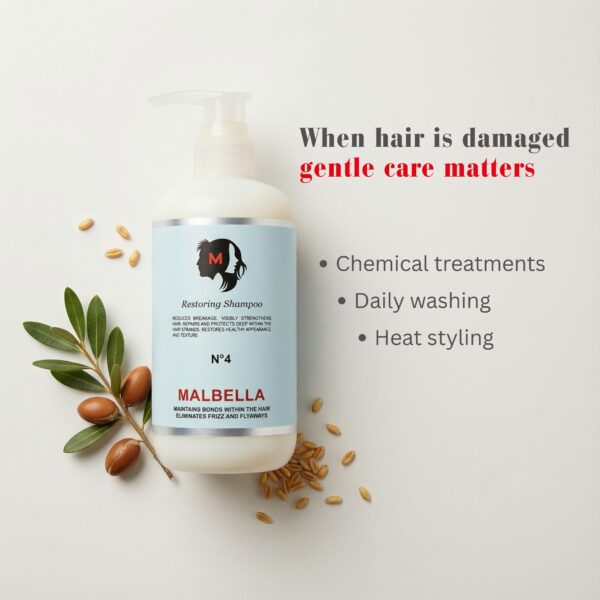 Restoring Shampoo No. 4 – gently cleanses and restores hair while enhancing shine and strength.