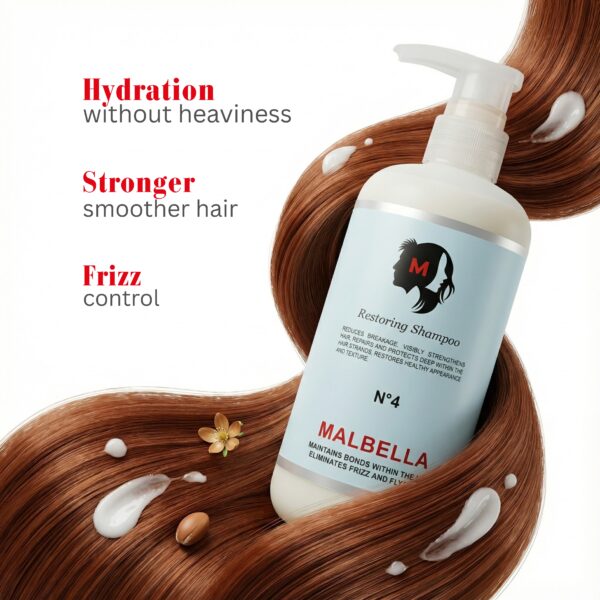 Restoring Shampoo No. 4 – gently cleanses and restores hair while enhancing shine and strength.
