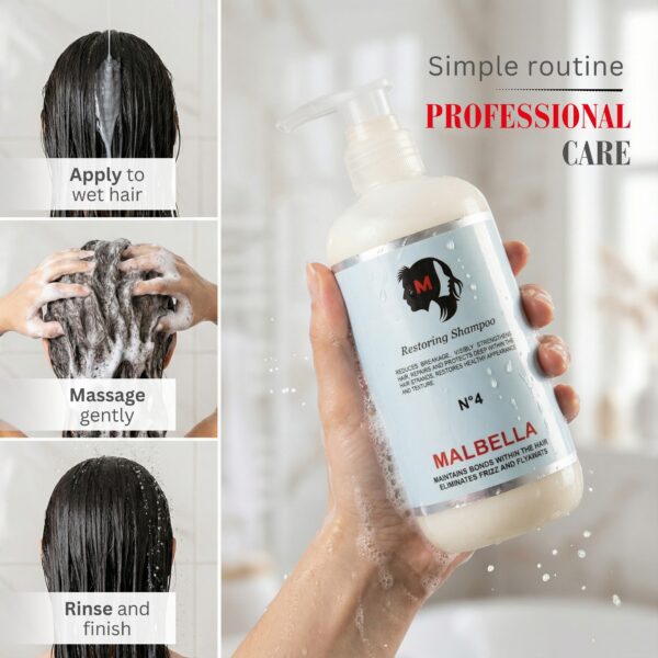 Restoring Shampoo No. 4 – gently cleanses and restores hair while enhancing shine and strength.